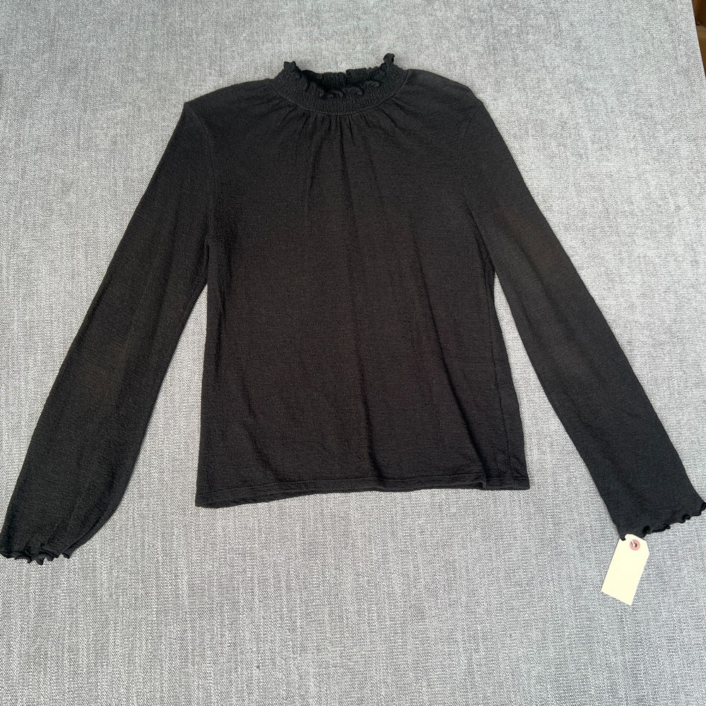 Madewell Texture & Thread Smocked Top Women S Black Long Sleeve Ruffle Mock Neck